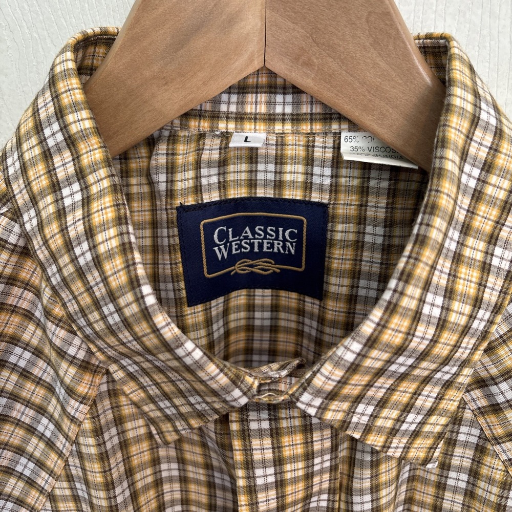 Plaid Western Shirt Men Snap Down Collar Pocket  Long Sleeve Casual Yellow/brown